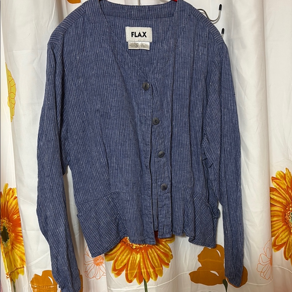 Vintage Flax Blue & White Striped Linen Top with pockets & ruffled bottom M
